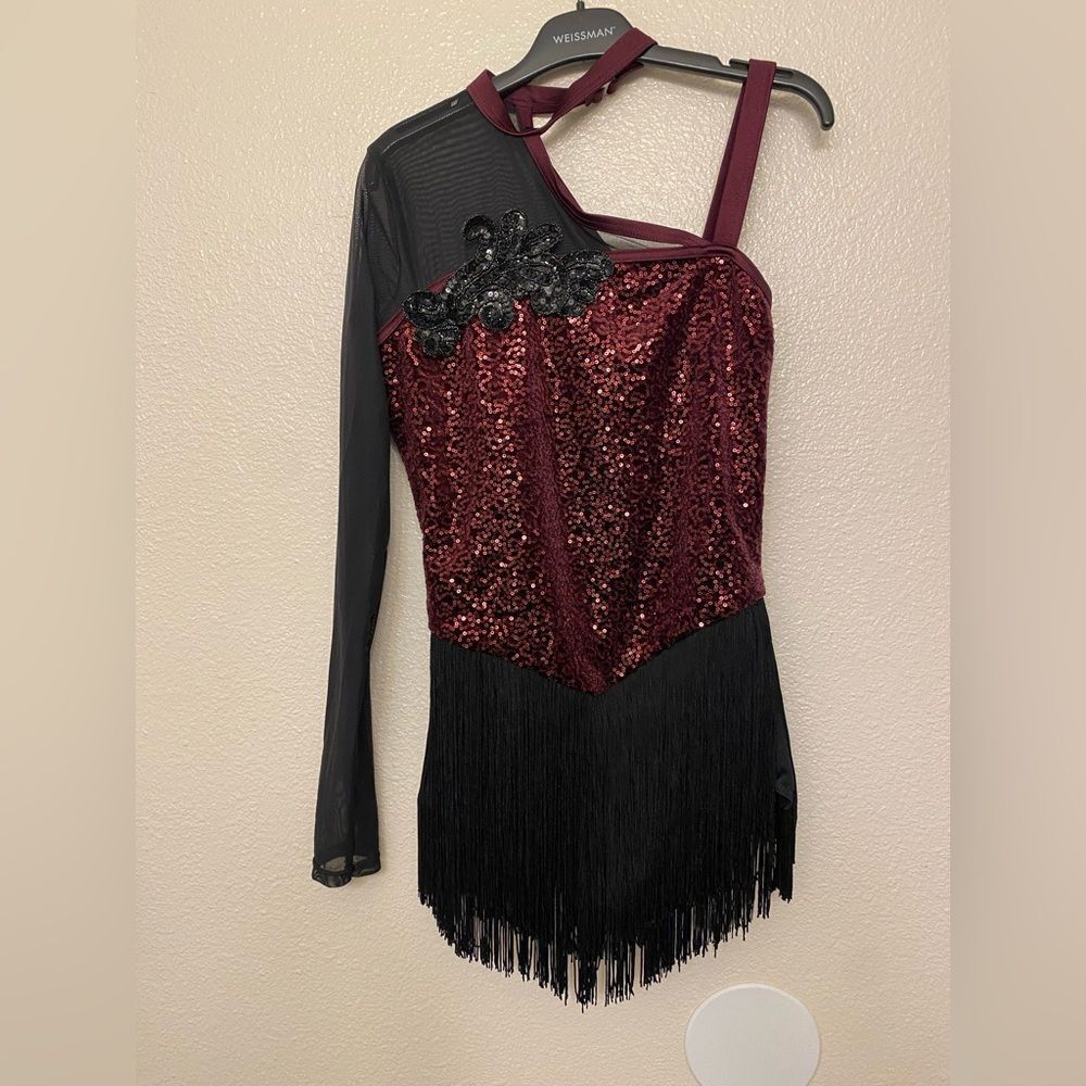 Weissman Dance Costume Burgundy Fringe One Sleeve Immortals 17042 Ma-Medium Adul — image 2 of 8